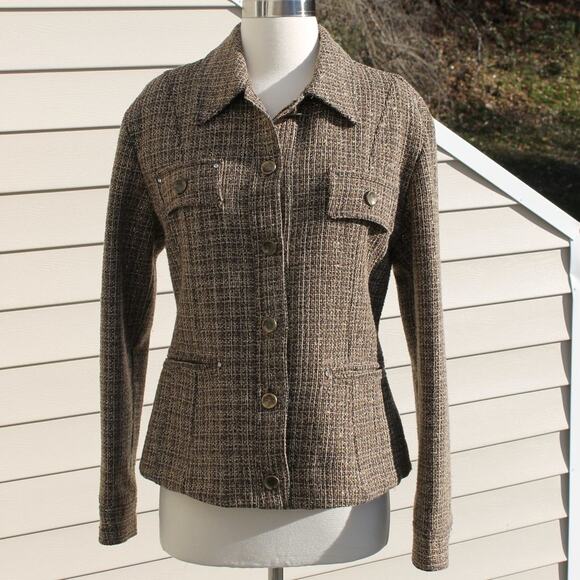 Oltre Women's Blazer Military Style Brown Gold Metallic Rhinestones Size 10 - Picture 3 of 12